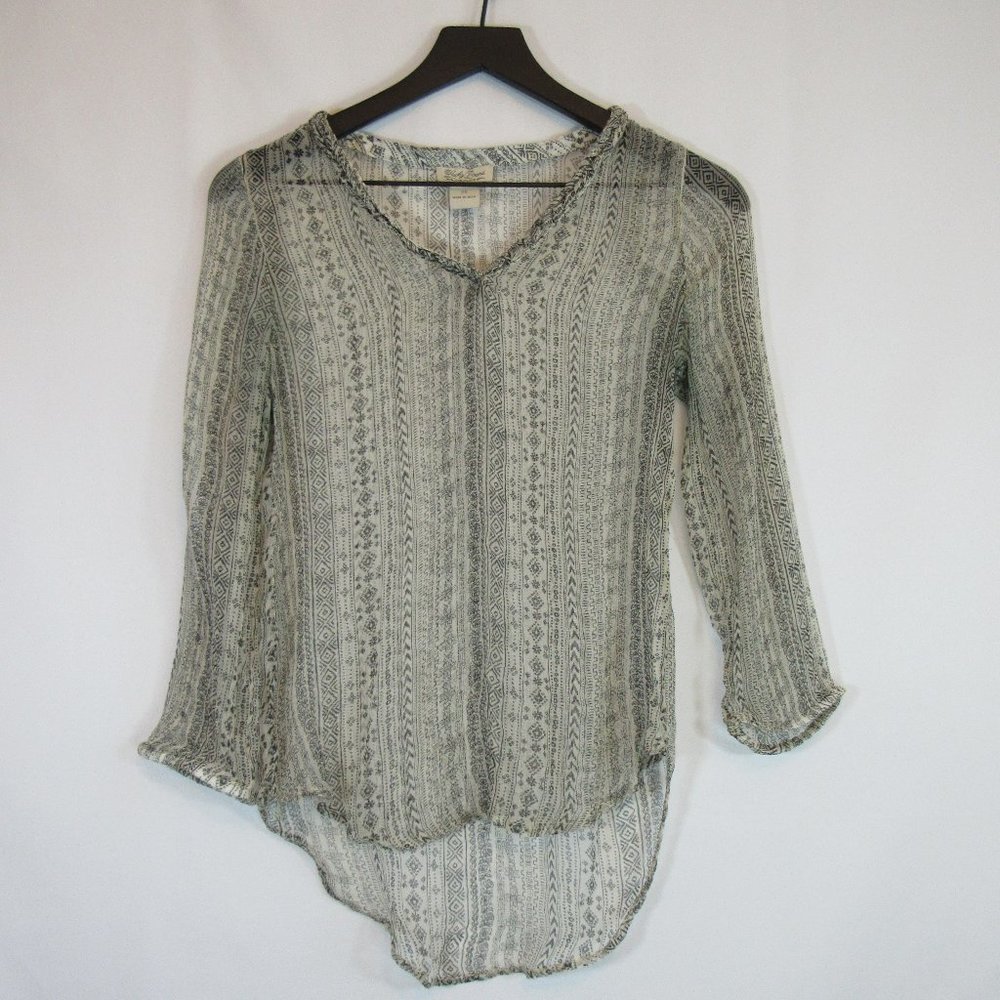 Lucky Brand Black Ivory Sheer V Neck Blouse Top